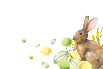 Easter bunny with colorful eggs watercolor banner. Hand drawn spring frame with hear decorated with flowers and egg for festive invitation, poster, product packing design