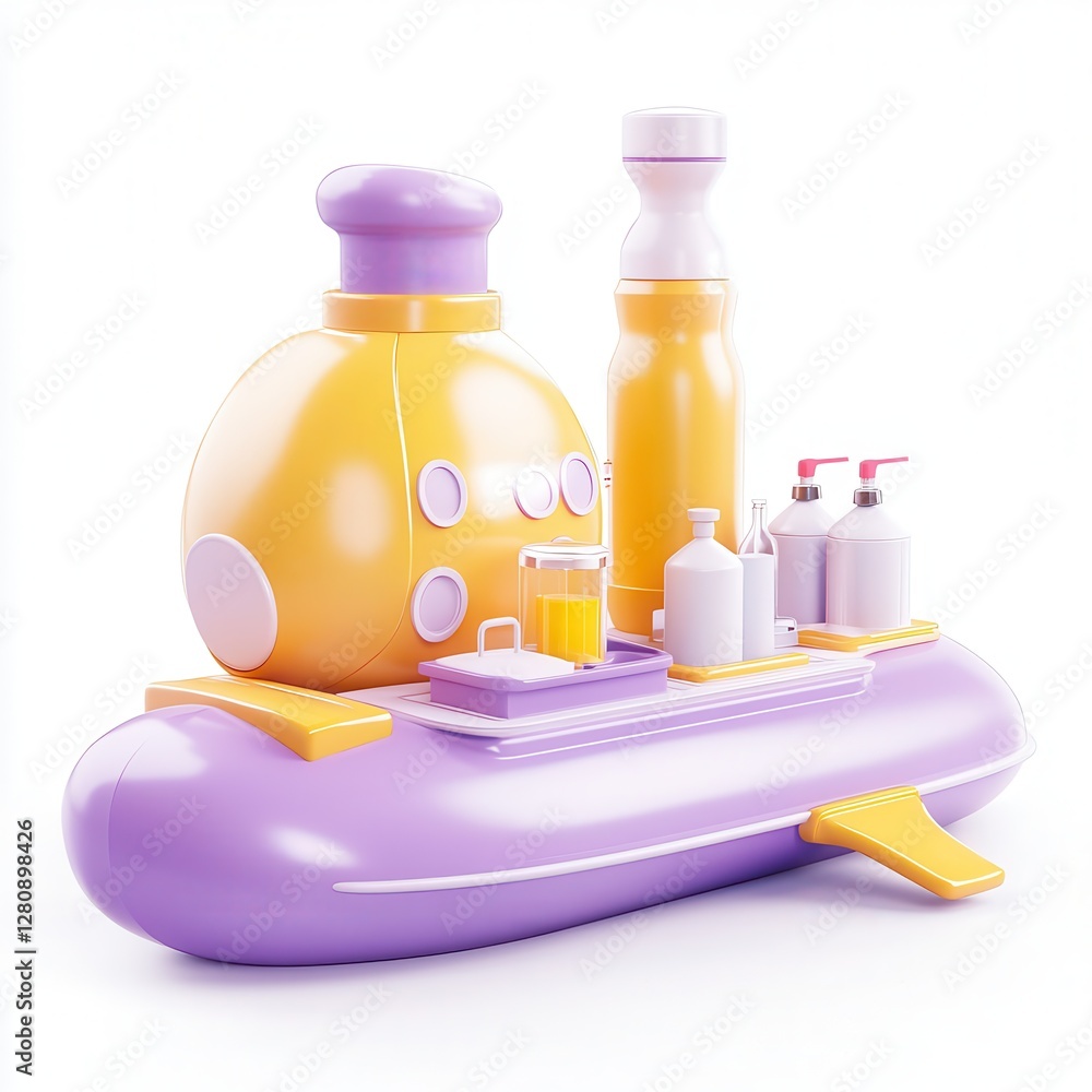 Poster a colorful 3d render of a submarine model alongside various bottles and containers.