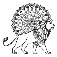 Lion Mandala Coloring Page: Detailed Animal Design for Relaxation, Intricate Line Art Illustration, Printable Art Therapy for Adults & Kids