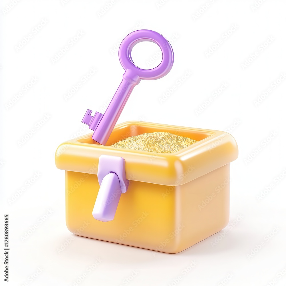 Poster a colorful box with a key on top filled with yellow sand-like texture, showcasing a playful and whim