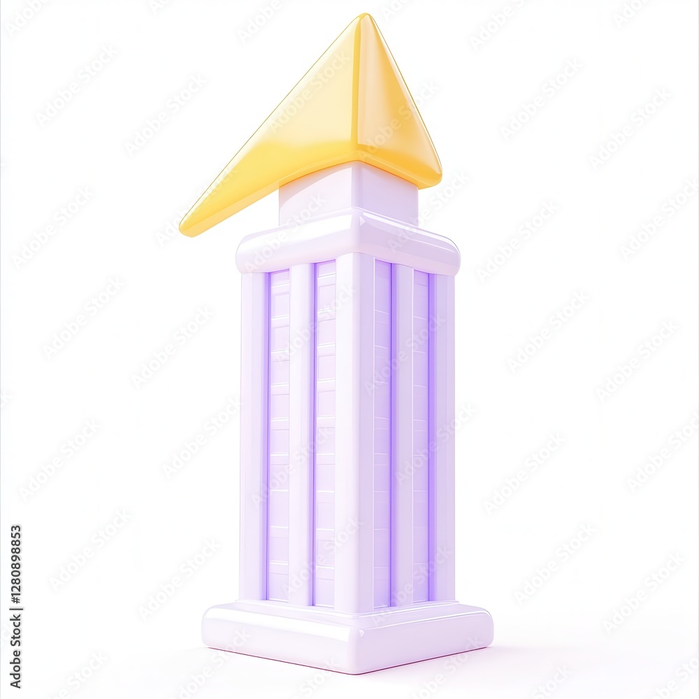 Poster a 3d model of a stylized building with a yellow triangular roof and purple structure.