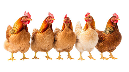 Fototapeta premium Colorful chickens lined up, five different breeds in a row, showcasing diversity in poultry, vibrant farmyard setting. Isolated on white background or PNG
