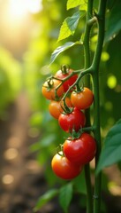 Organic tomatoes on the vine with plenty of sunlight, vines, seasonal