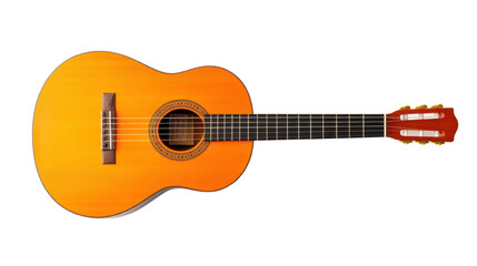 Colorful acoustic guitar, bright orange-yellow body, smooth wooden neck, perfect for music enthusiasts and vibrant performances. Isolated on white background or PNG