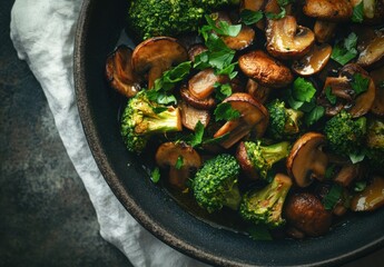 Fried broccoli and mushrooms in a frying pan, food photography style, top view, natural light, dark gray background