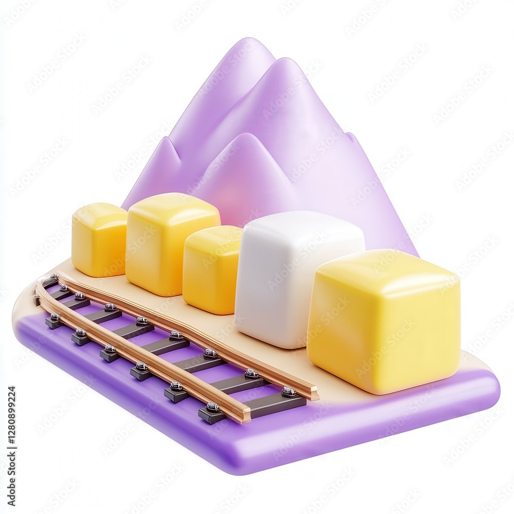 Poster a colorful 3d model showcasing cubes on a rail track with stylized mountains in the background.