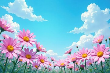 Fototapeta premium Pastel pink daisies on a bright blue canvas with puffy white clouds, blue sky, flowers