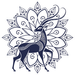 Elegant Gazelle Mandala Art: Detailed Vector Illustration of an Antelope in a Floral Circular Design for Prints and Decor