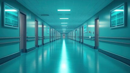 Empty hospital corridor with bright teal lighting and framed medical charts on walls