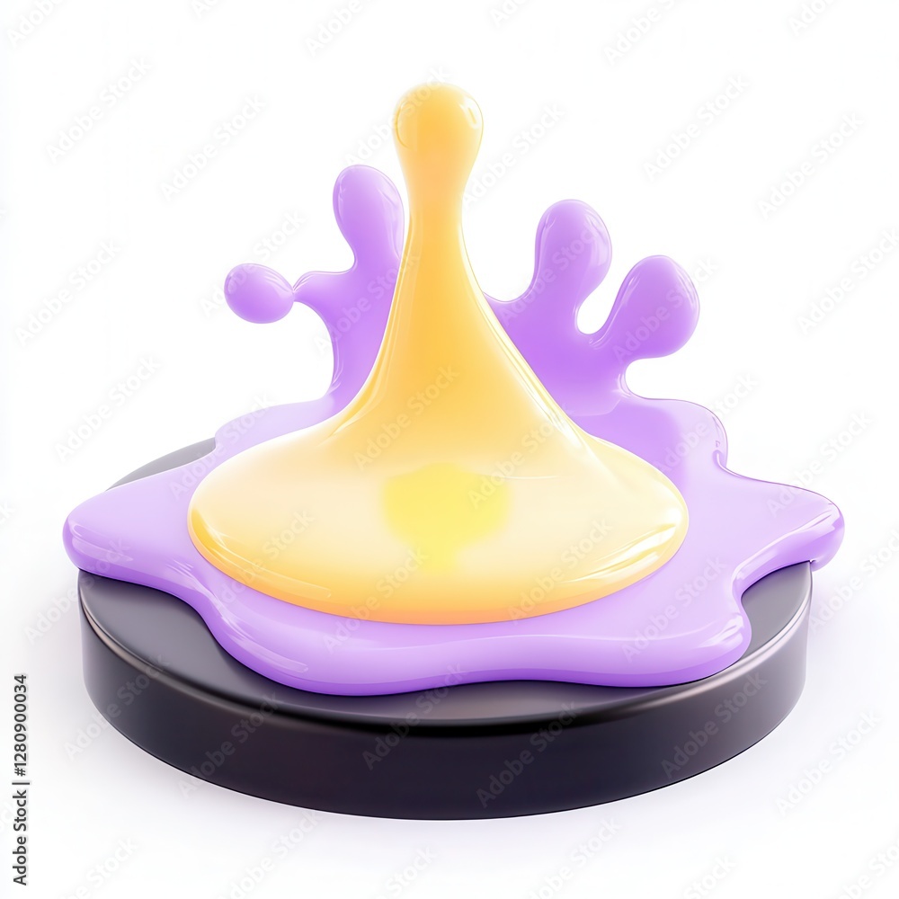 Poster a shiny liquid splash in yellow and purple colors, featuring dynamic shapes that create an eye-catch