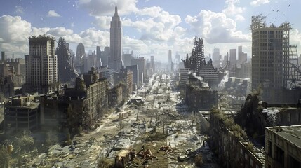 post apocalyptic landscape urban wasteland desolate city ruins abandoned city vibrant colors dramatic scenery post nuclear world dystopian environment survival scene harsh reality desolation horizon e © Cooprative