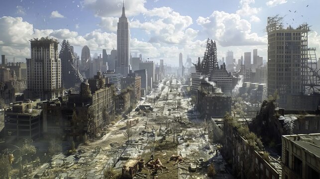 post apocalyptic landscape urban wasteland desolate city ruins abandoned city vibrant colors dramatic scenery post nuclear world dystopian environment survival scene harsh reality desolation horizon e
