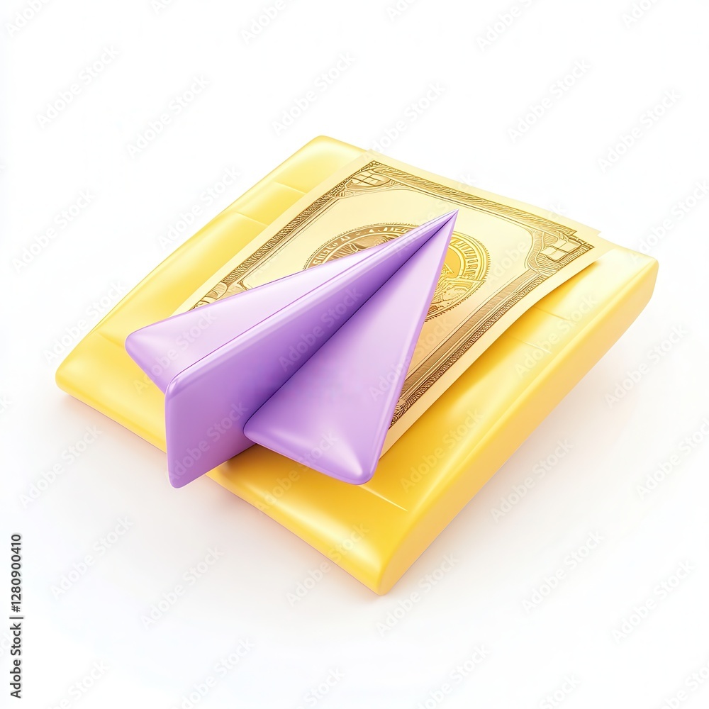 Poster a stylized representation of a yellow envelope with a paper airplane and a stack of currency notes o
