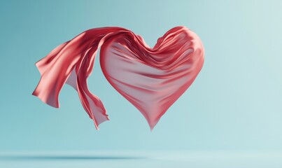 A flowing red silk heart shape suspended in mid-air against a soft blue background