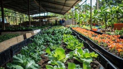 Lush Green Vegetables and Vibrant Flowers Growing in Raised Garden Beds Under Shelter in a Nurtured Agricultural Space