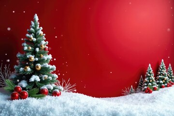 Obraz premium Red background with snowy trees and festive holly berries, , snow, landscape
