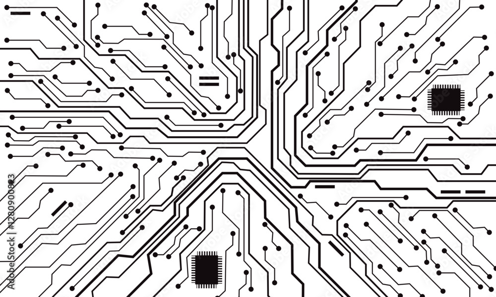 Poster Abstract black circuit board technology connected lines electronics elements computer motherboard chip processor semiconductor digital on white background vector