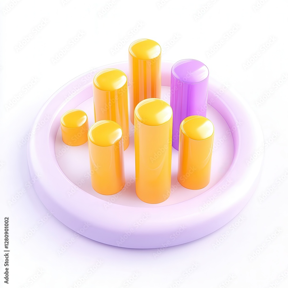 Poster a colorful arrangement of cylindrical shapes in various sizes, set on a circular base, showcasing a 