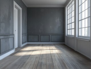 An empty grey living room with white molding and a large window letting in natural light.