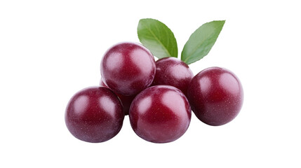 Fresh dark cherries with green leaves, vibrant red fruits arranged together, ideal for healthy recipes and desserts. Isolated on white background or PNG