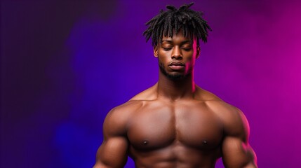 Fototapeta premium Serene young Black man with dreadlocks, eyes closed, showcasing his muscular physique against a vibrant purple and blue backdrop.