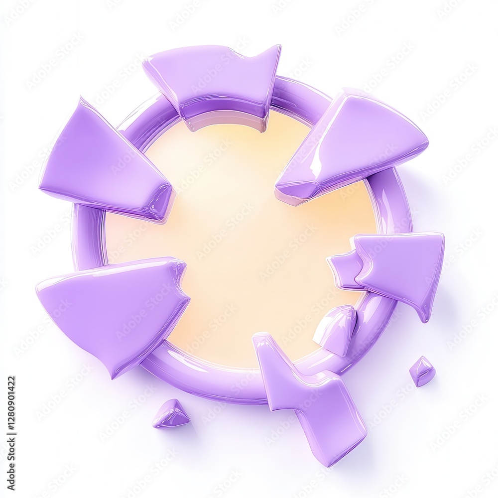 Poster a broken round mirror with purple shards scattered around, creating a dynamic visual effect.