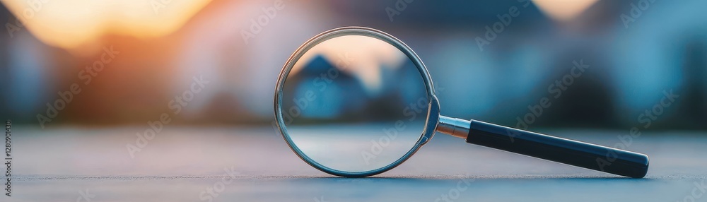 Poster close-up view of a magnifying glass positioned on a surface with a soft focus background at sunset