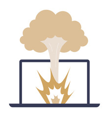 Exploding Laptop In Flat Vector Illustration Symbolizing Cyber Threats, Data Loss, And Computer Virus Attack, Isolated On White Background