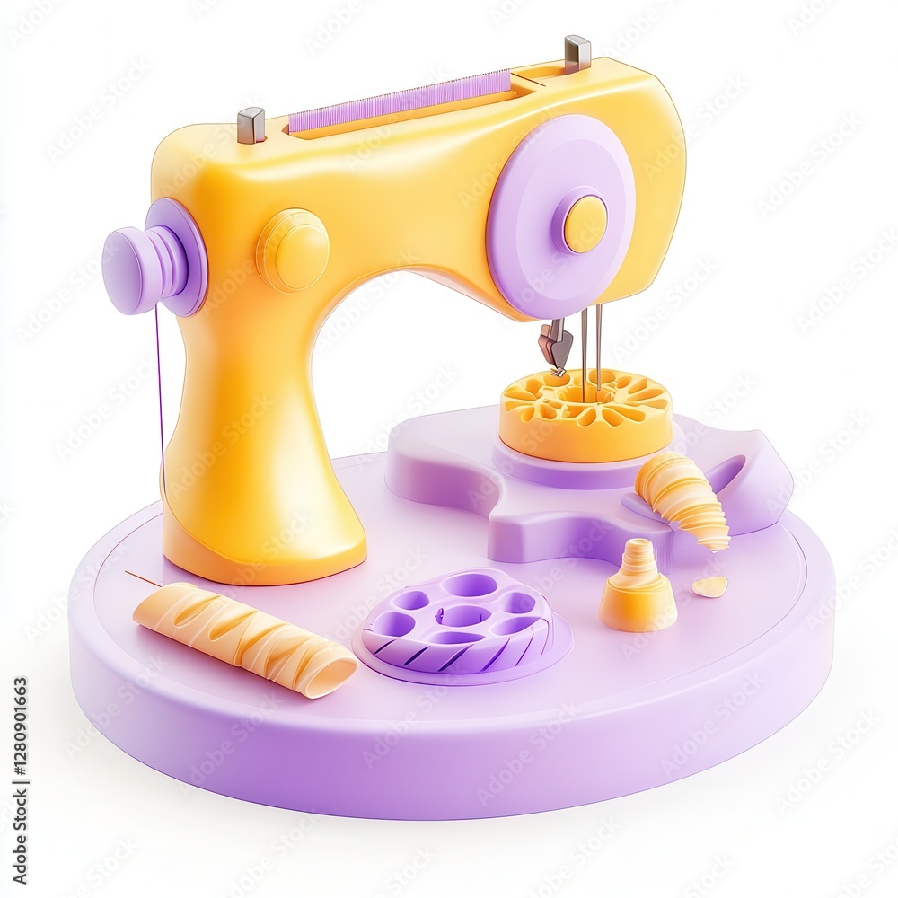 Poster a colorful 3d sewing machine with various threads and accessories on a circular platform in pastel c