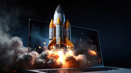 Fototapeta premium Rocket Launch from Laptop Symbolizing Technology and Innovation