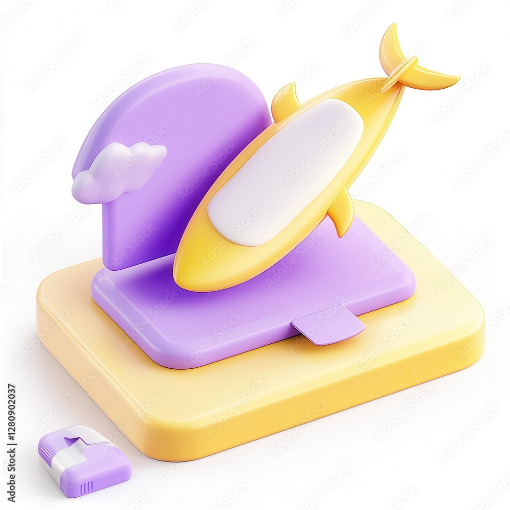 Poster a colorful 3d render of a playful object resembling a rocket and cloud on a yellow and purple base.