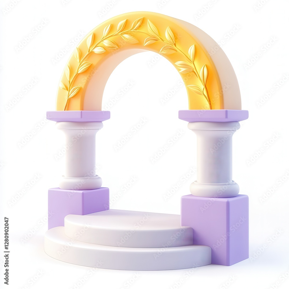 Poster a stylized archway with columns and decorative leaves, set on steps, created in a colorful 3d render