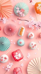 Flat Lay of Spring Festival Essentials, Cherry Blossom Festivals 
