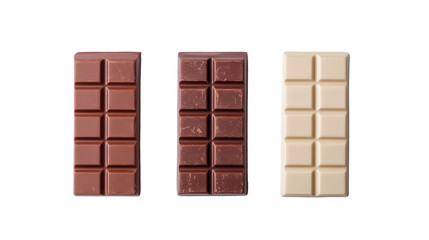Assorted chocolate bars, three varieties of dark and light chocolates neatly arranged, perfect for dessert or snack ideas. Isolated on white background or PNG