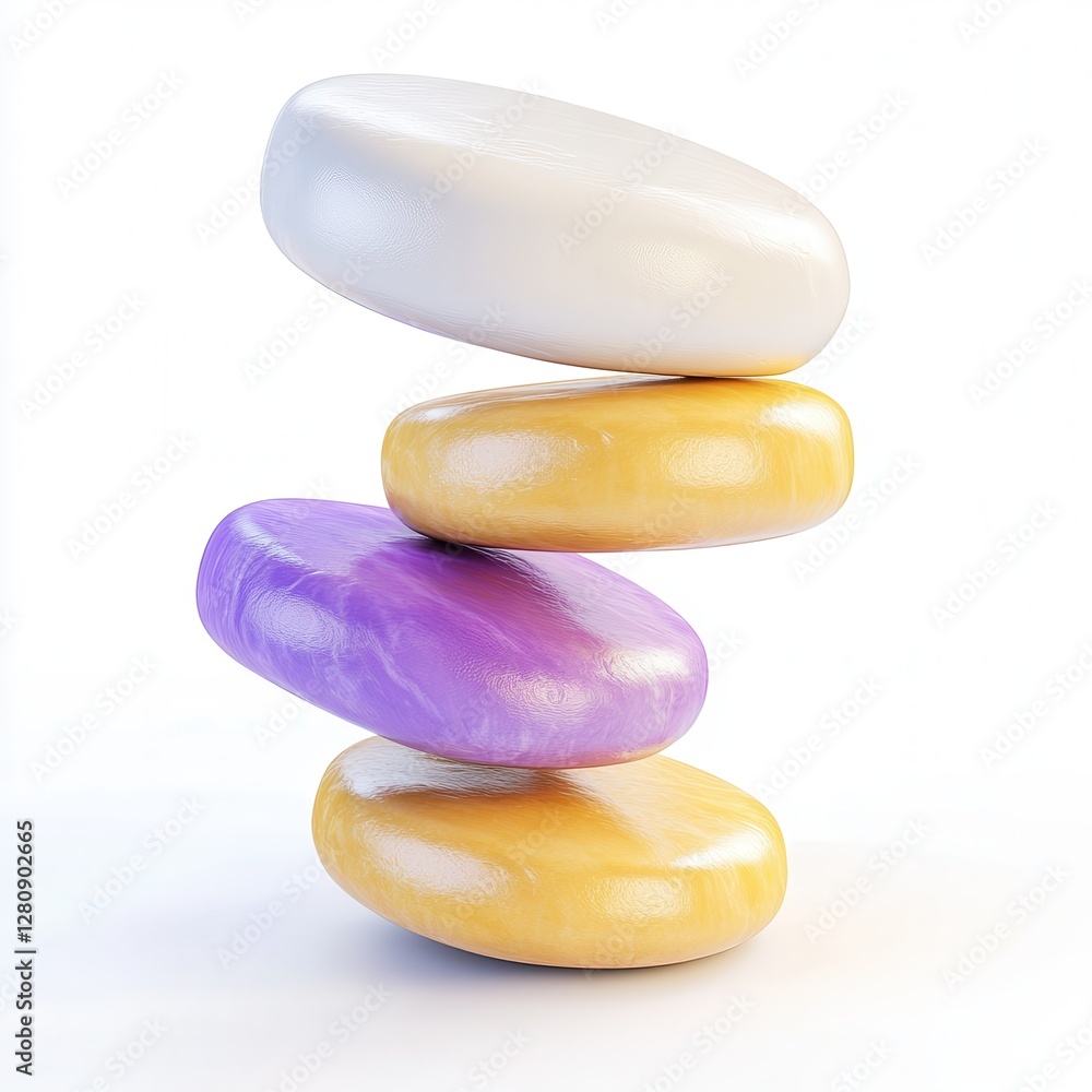 Poster a stack of colorful, glossy soap bars arranged vertically against a white background.