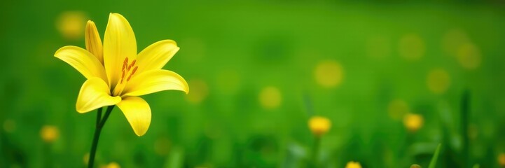 Obraz premium Single yellow lily flower isolated on green grass, flowers, petals