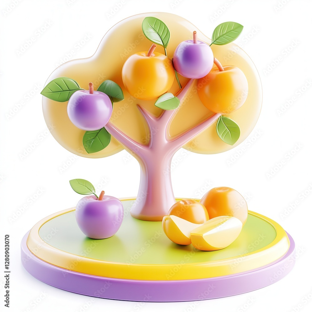 Poster a colorful 3d rendering of a fruit tree with various colored apples and a slice shown in a vibrant e