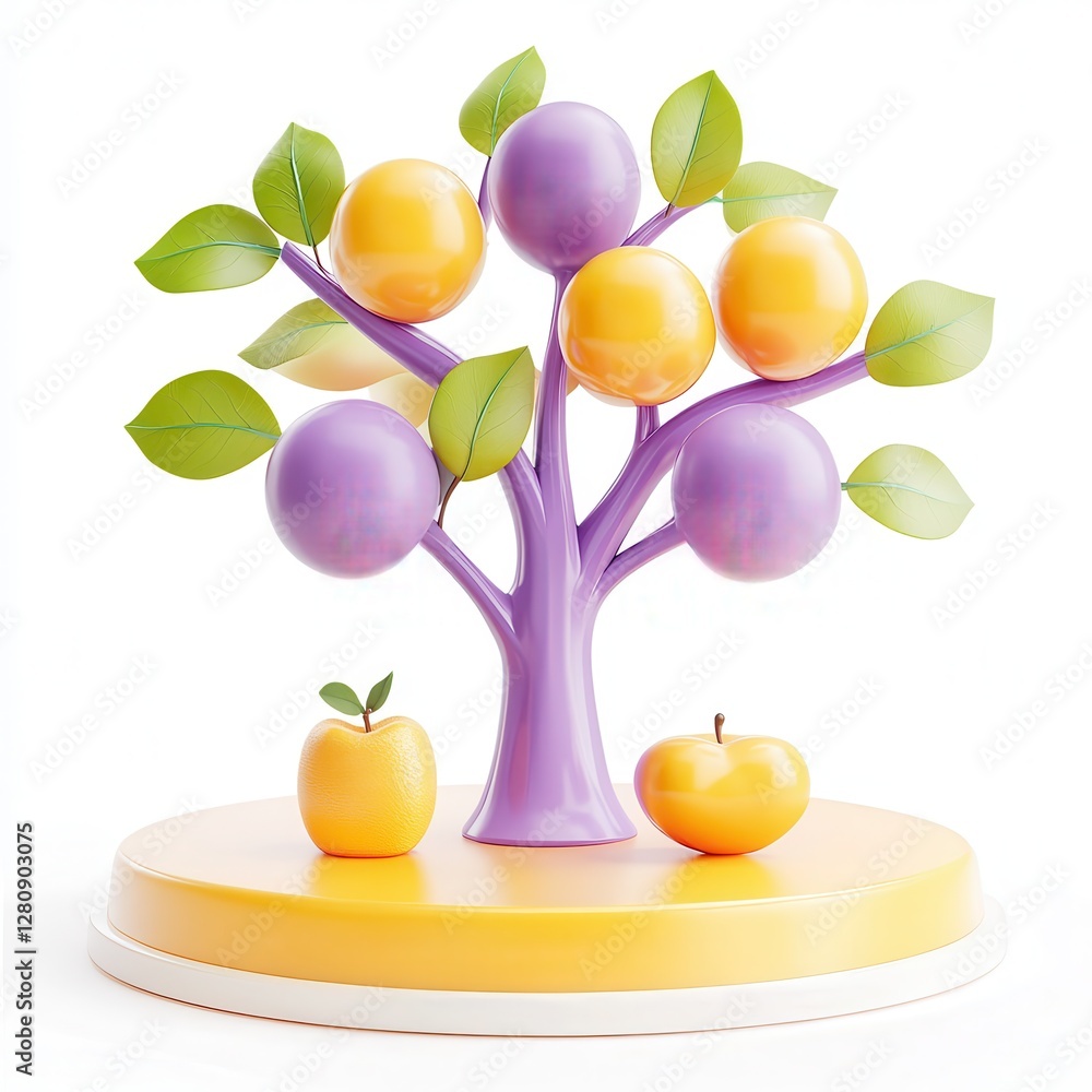 Poster a stylized 3d model of a tree with colorful spherical fruits in purple and yellow, set on a circular