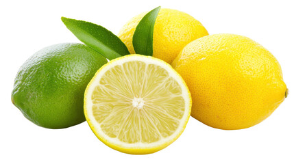 Fresh citrus fruits arranged artfully, vibrant lemons and limes with a halved lemon showcasing juicy interior, bright colors and textures. Isolated on white background or PNG