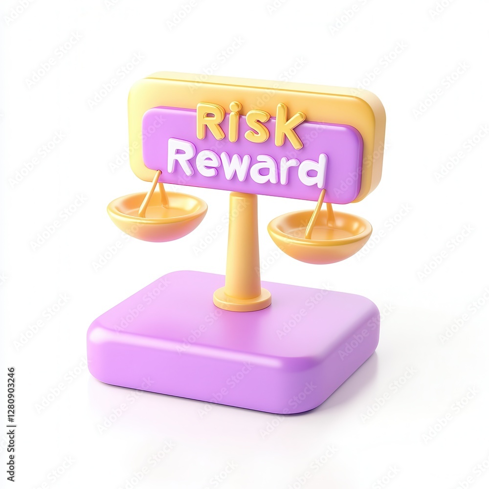 Poster a colorful 3d model depicting the balance of risk and reward with playful typography on a display si