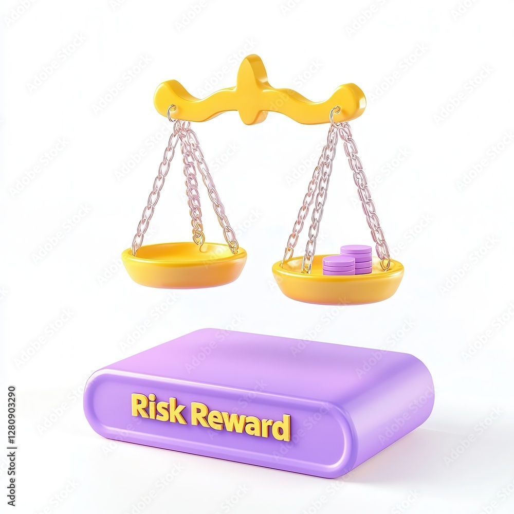 Poster a colorful 3d rendering of a scale symbolizing risk and reward, with coins in one bowl and the text 