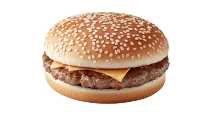 Delicious burger with sesame seed bun, juicy patty and melted cheese, perfect for casual dining and fast food cravings. Isolated on white background or PNG