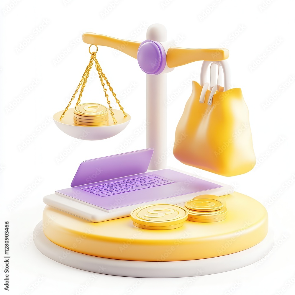 Poster a colorful 3d rendering of a balance scale with a laptop and coins, representing finance and digital