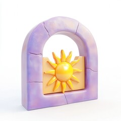 A 3D rendered decorative lock with a sun design, featuring a pastel purple arch and a bright yellow sun emblem.
