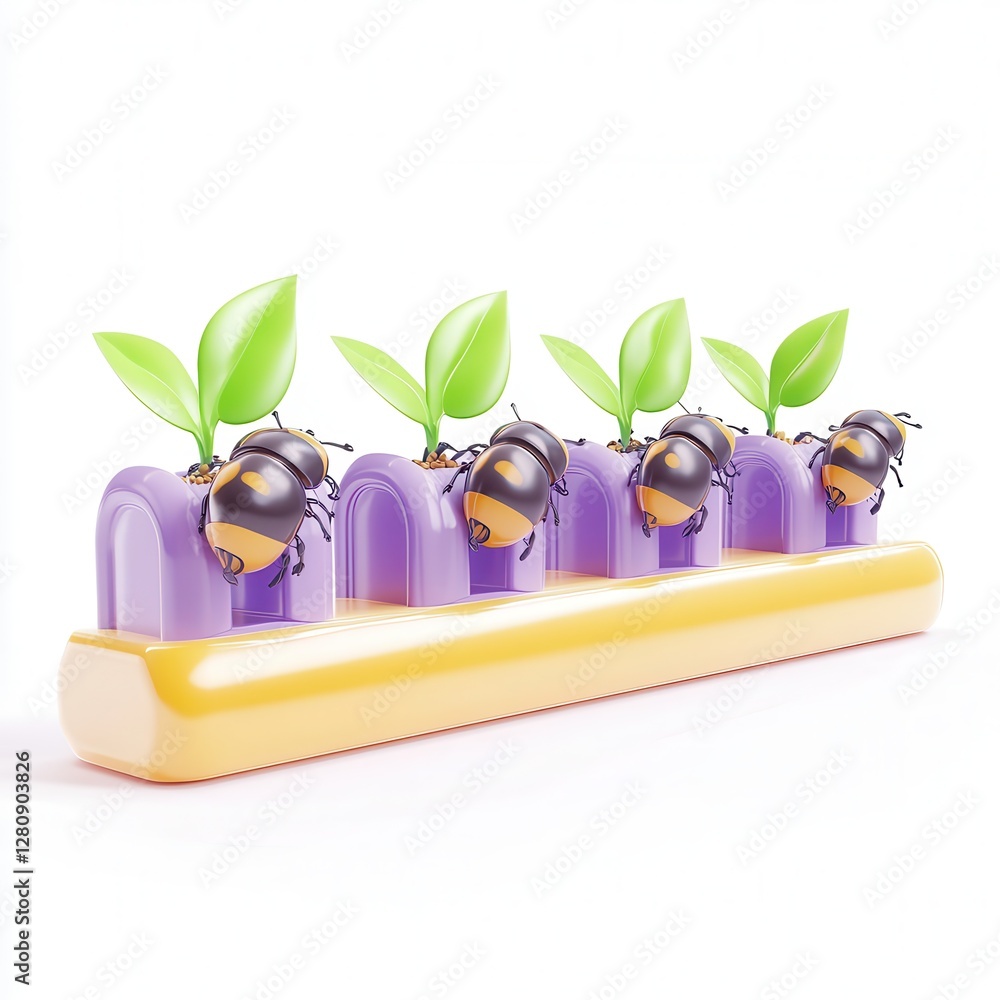 Poster a colorful 3d render showing bees interacting with purple planters and green leaves, emphasizing a b