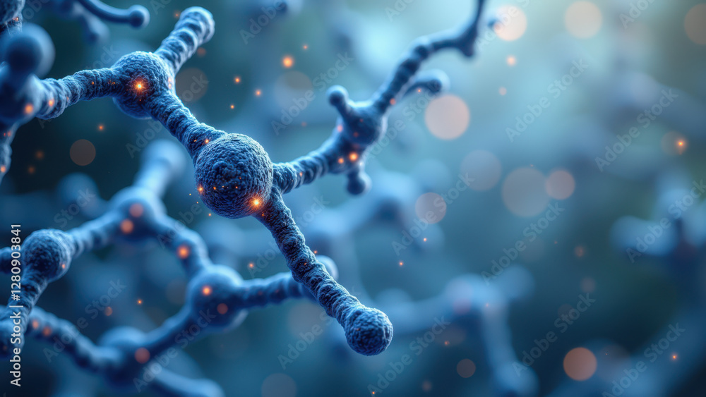 Poster a detailed microscopic view of a network of densely packed neurons with synapses forming connections