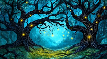 Majestic Old Trees with Glowing Lights in Surreal Pixelated Blue Forest