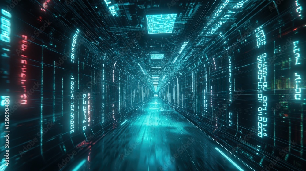 Poster an abstract futuristic technology background with holographic floating numbers. ideal for cybersecur