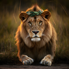 Fototapeta premium Majestic lion wearing a laurel wreath in golden light symbolizing power leadership strength and wisdom in wildlife photography