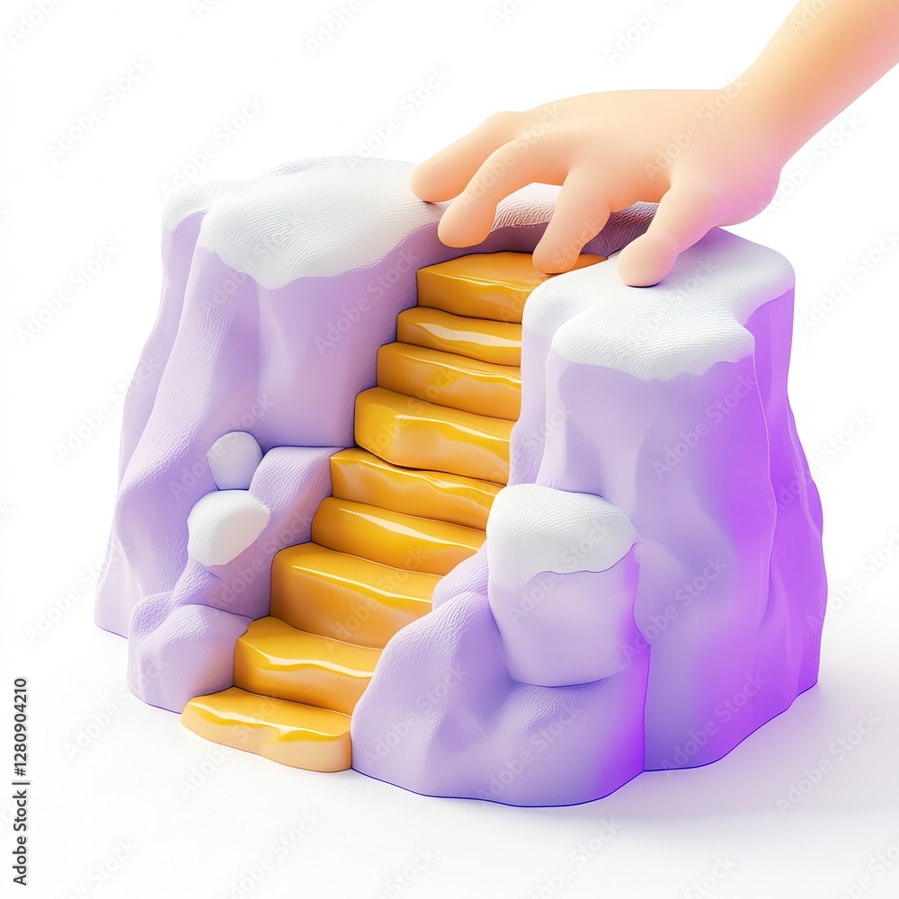 Poster a stylized 3d model of a hand reaching out towards a colorful staircase on a rock-like structure.